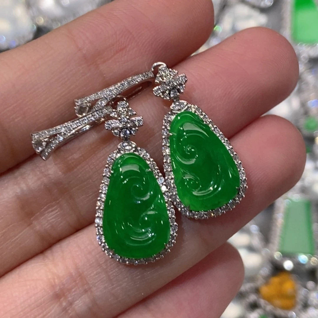 翡翠18K金镶嵌耳饰吊坠耳包两用款