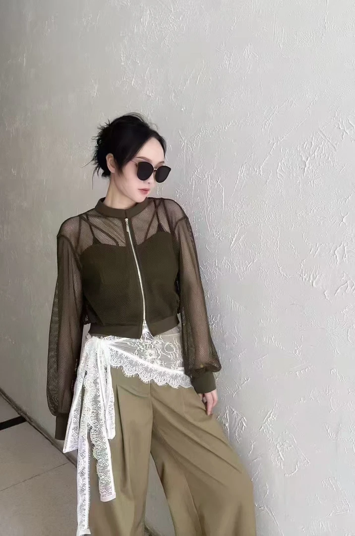 夏季女常规短款长袖拉链短外套蕾丝休闲小众设计感