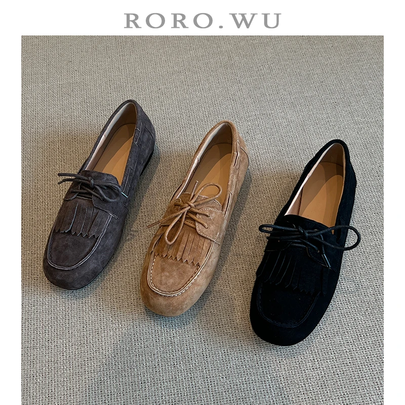 娆娆吴·头层猪皮复古简约流苏蝴蝶结舒适百搭圆头个性新款单鞋A28