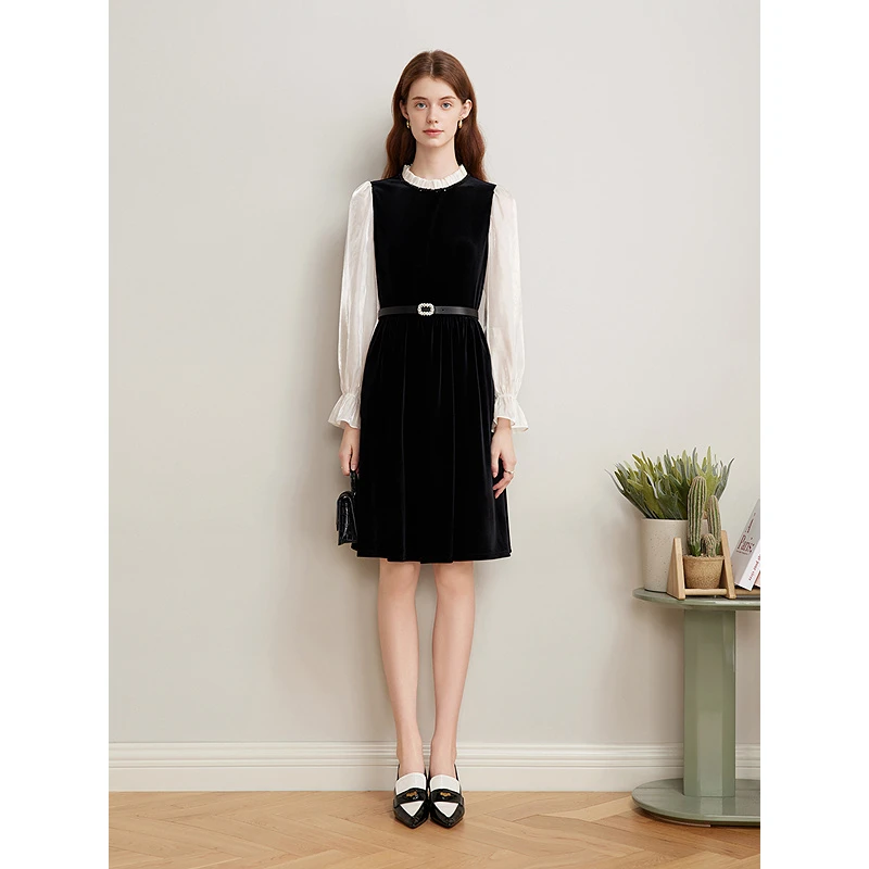 Goodland美地2025春季新款法式丝绒花苞长袖优雅连衣裙LC35105320