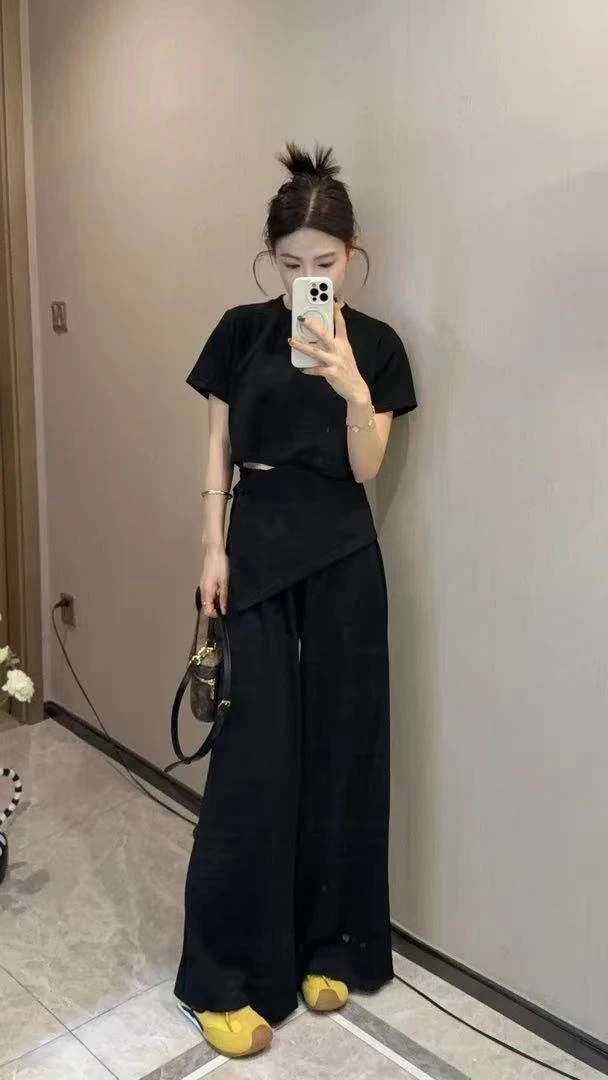【杨二迪专属】韩系百搭套装女2025夏短袖圆领上衣高腰阔腿休闲长裤
