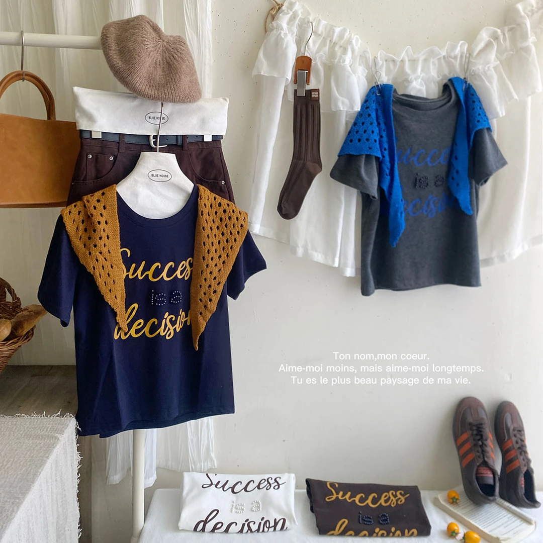 欧货时尚圆领磨毛钉珠字母宽松短袖女早秋配镂空针织披肩半袖上衣