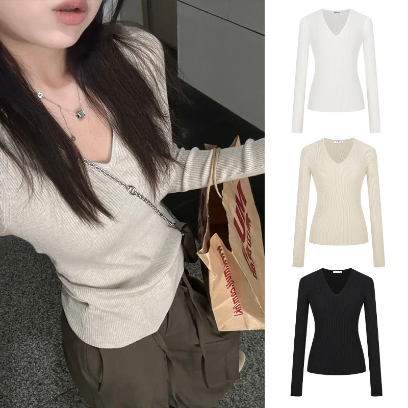 Moses Queen/魔西女王加绒慵懒V领针织衫女修身长袖上衣打底毛衣