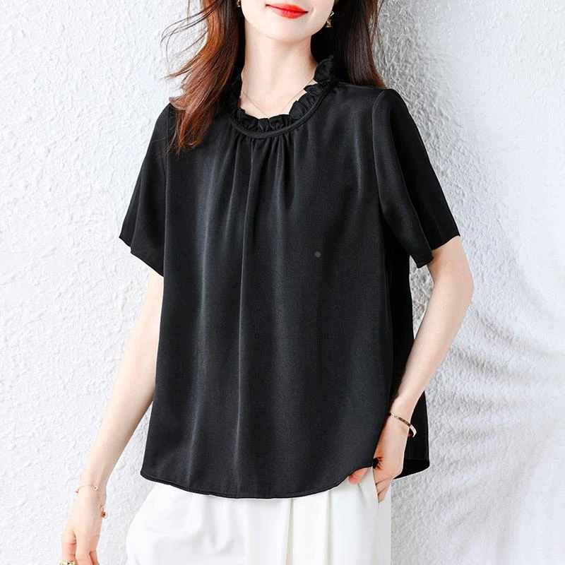 黑色短袖T恤女感2025夏季新款大码胖妹妹宽松遮肚子雪纺衫上衣