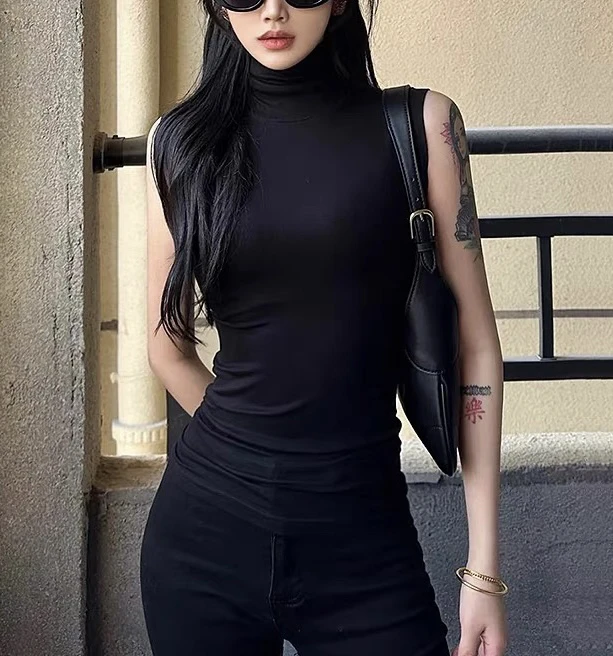 深圳南油2024秋冬新款堆堆领黑色无袖高领打底背心内搭上衣潮