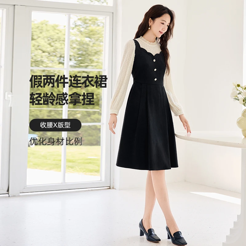 Q844114连衣裙 香影假两件拼接长袖连衣裙女秋冬新款法式