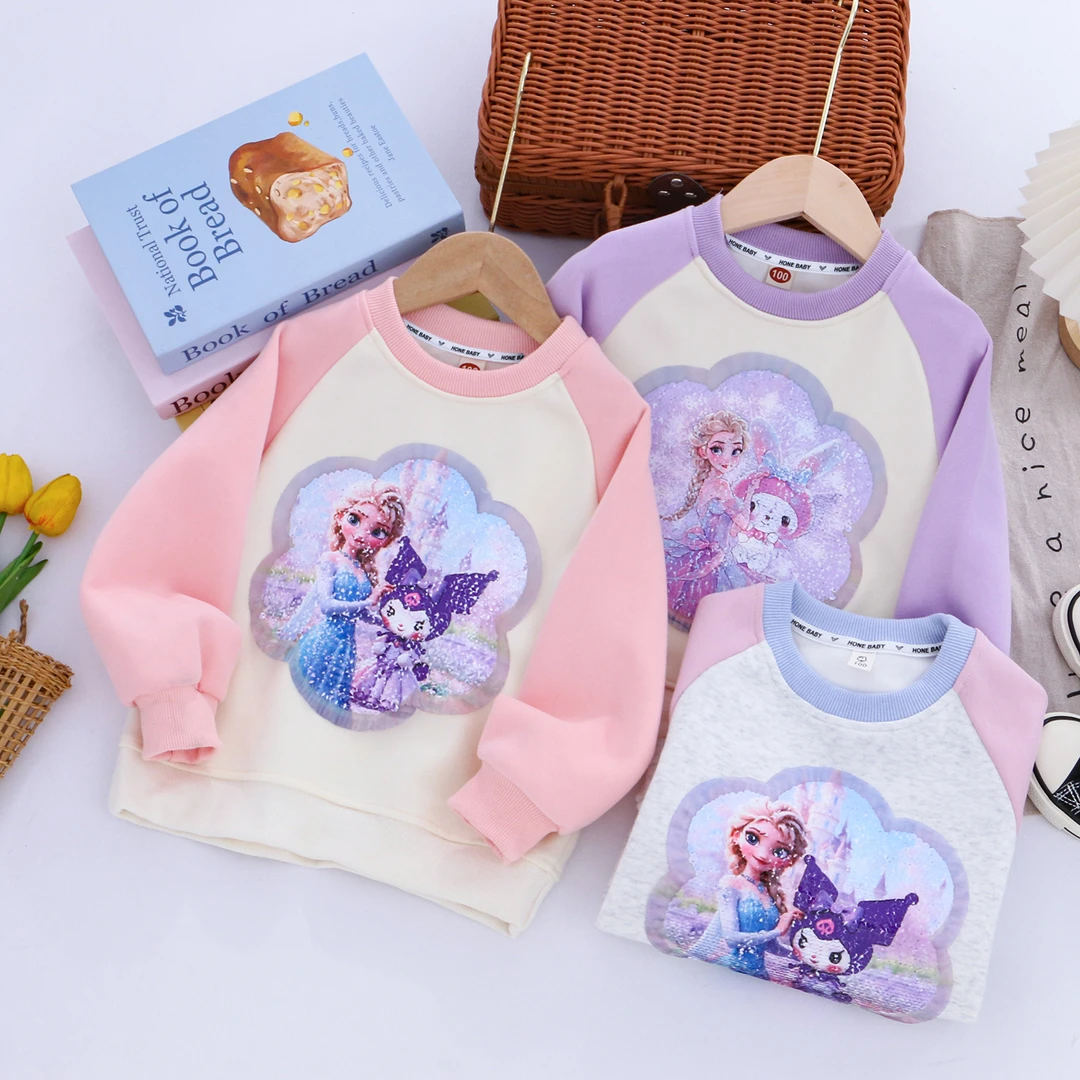 儿童春秋款双面变色亮片卫衣女童秋季卡通圆领毛圈棉上衣长袖T恤