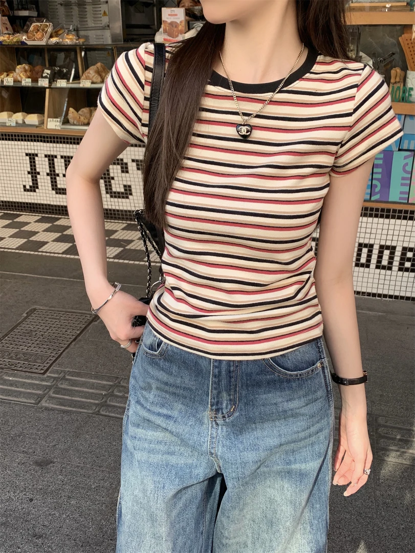 多巴胺条纹修身正肩短袖T恤夏季女装百搭辣妹短款ins上衣纯棉百搭
