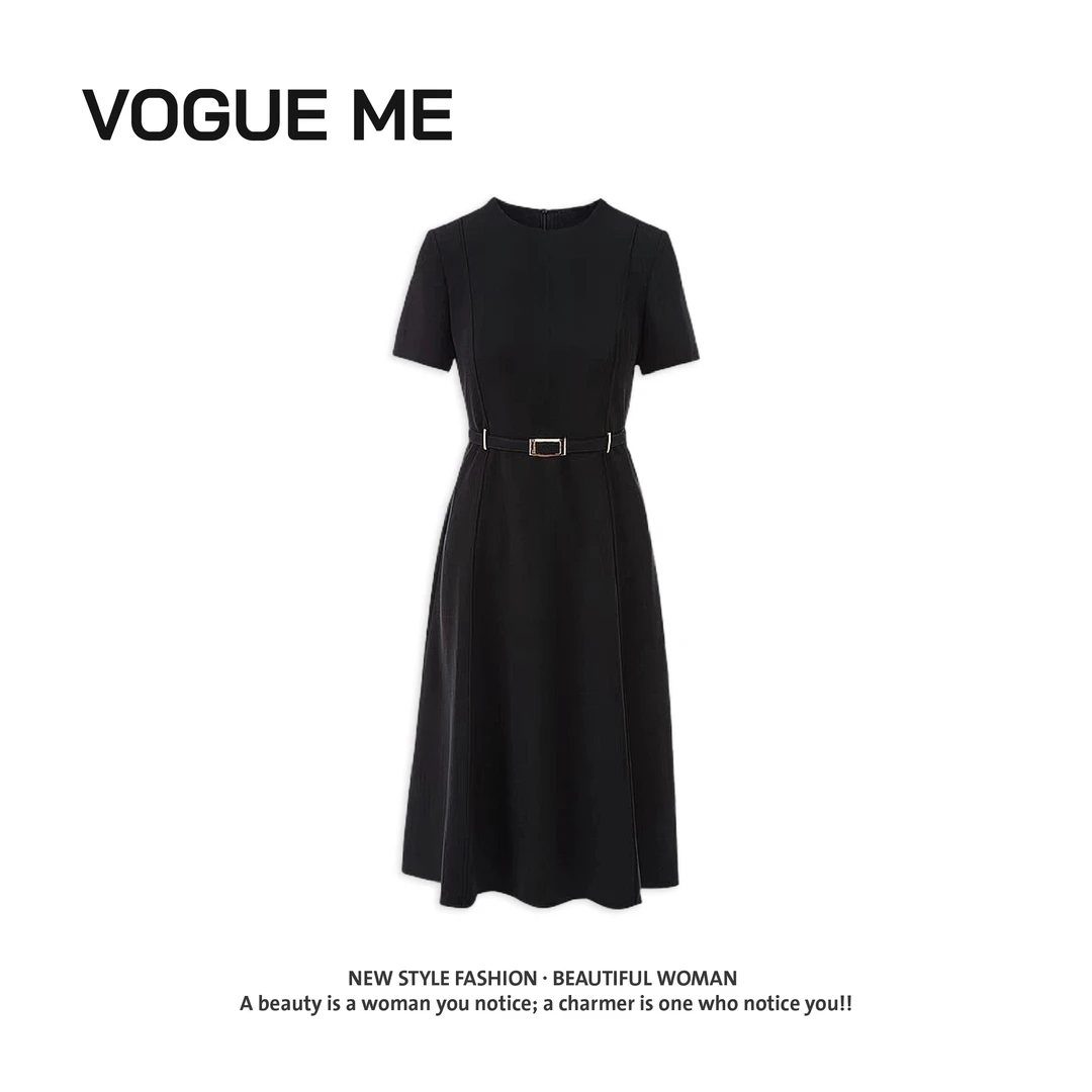 【朗】圆领法式设计感显瘦收腰小黑裙连衣裙-LZ212B11