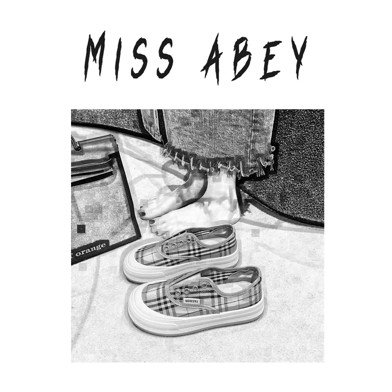 懒人时尚格子一脚蹬帆布鞋女2025新款潮流百搭休闲板鞋