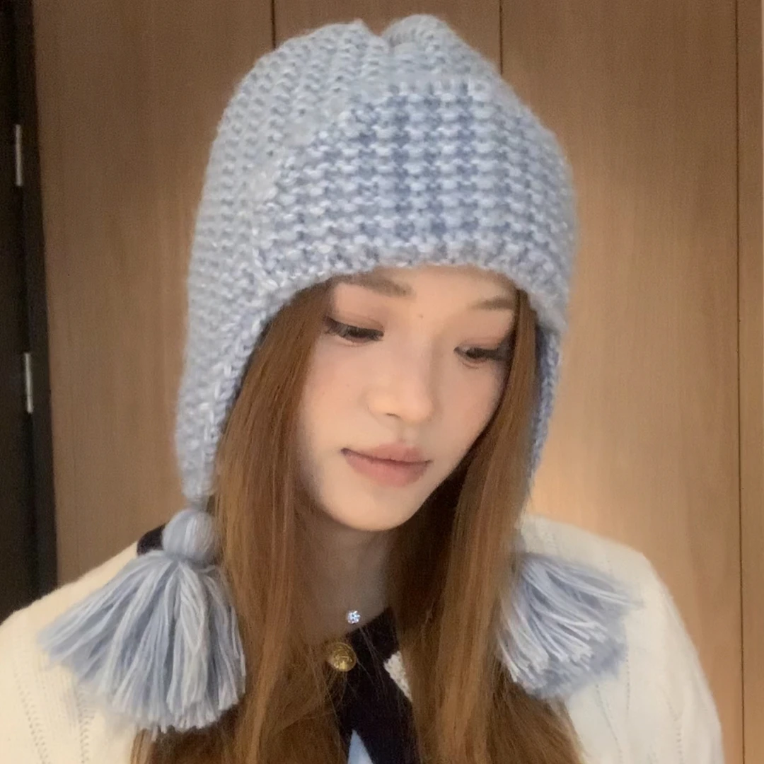 羊毛混纺小辫子针织帽秋冬韩系帽子大头围宽松显脸小帽子