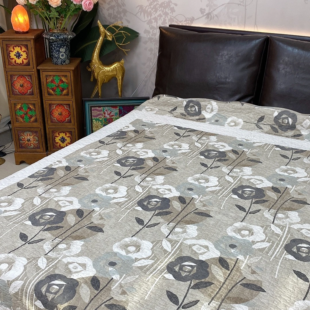 【赫彩家灰色田园】手工拼接棉绗缝床盖床单床罩双面