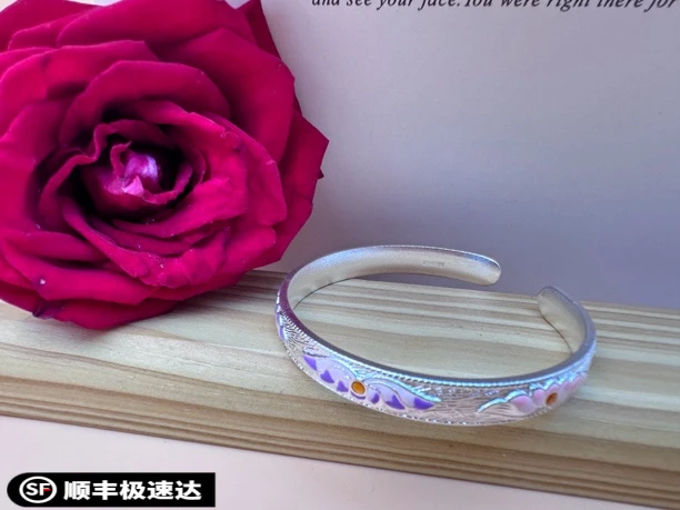 足银手镯 足银9999清莲绮梦手镯开口高级感珐琅镯子女友520礼物