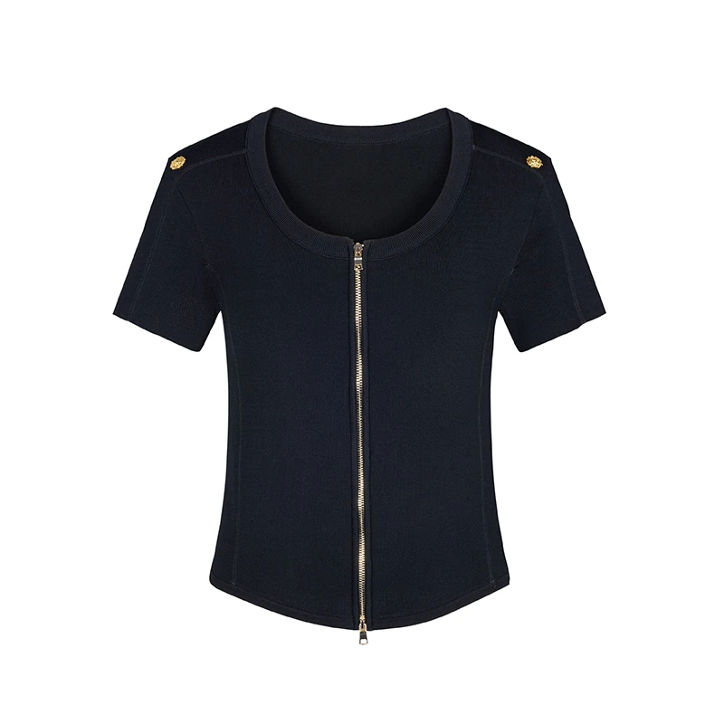 设计师女装2025夏季新款针织衫时尚气质拉链修身黑色线衫42473