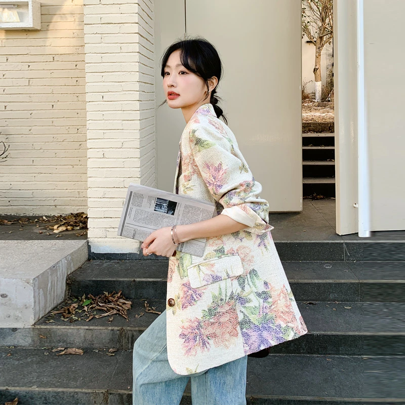 莫奈花园西装外套女2025春秋新款小众设计彩色多巴胺油画印花西服