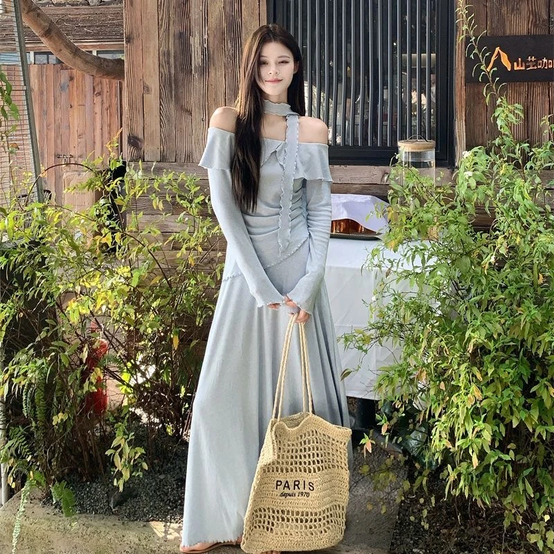 纯色拼接荷叶边2025套装新款上衣长袖T恤早春季半身裙三件套超仙