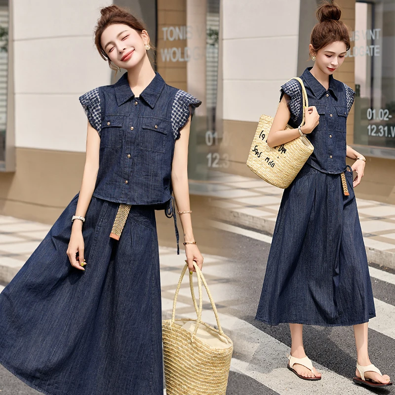 飞飞袖格子拼接牛仔套装裙女2025夏季新款设计感洋气半身裙两件套