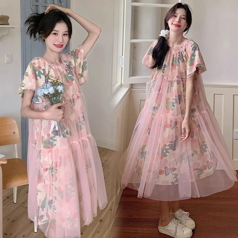 时髦孕妇装2025碎花纱网拼接2025夏季新款彩色花朵宽松多巴胺裙子