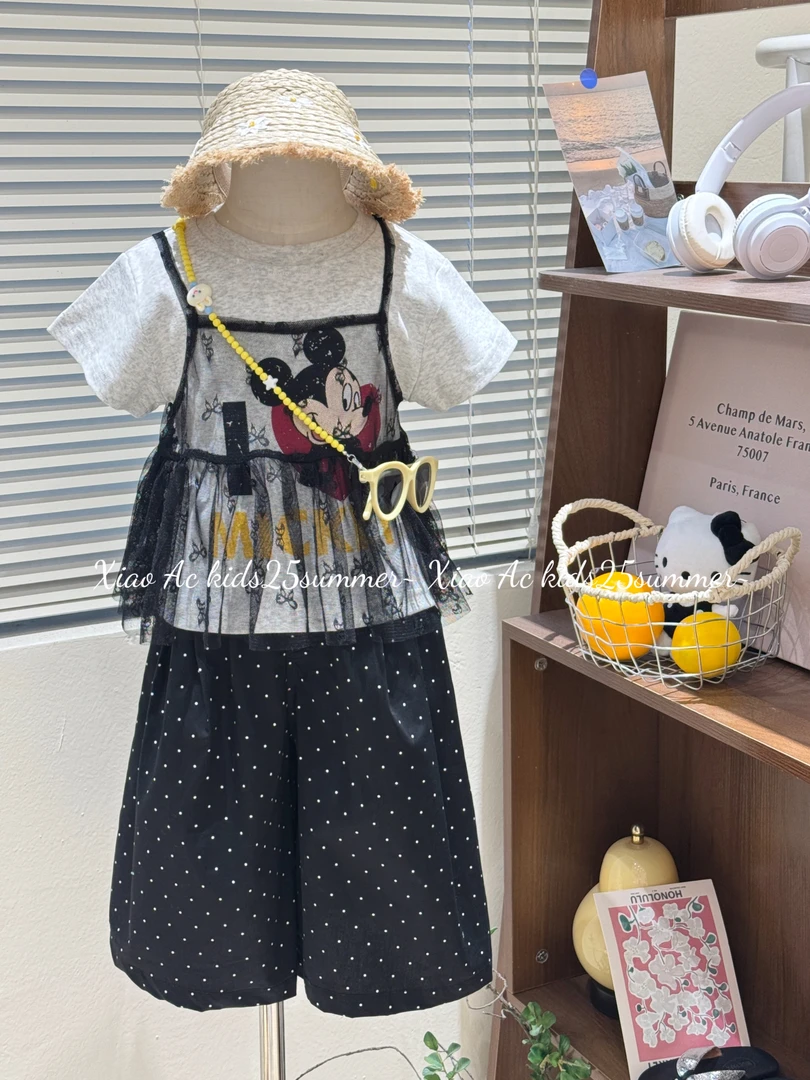 2025夏季新款女童韩系叠穿卡通蕾丝吊带两件套女宝百搭波点九分裤