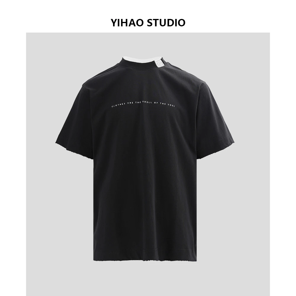 YIHAO STUDIO夏季男款英文假两件纯棉半袖T恤百搭休闲宽松短袖