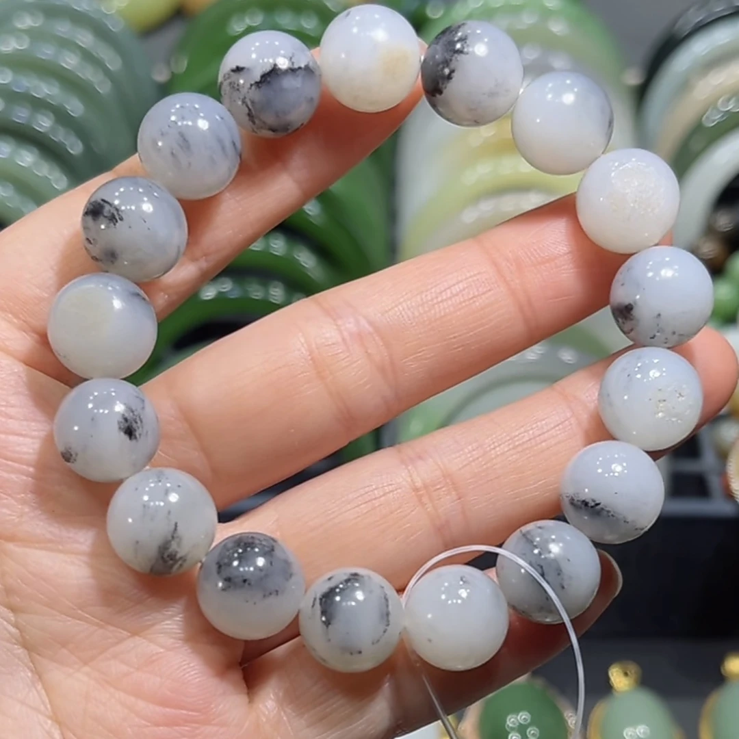 漏！新疆和田玉白底青花籽手串12mm