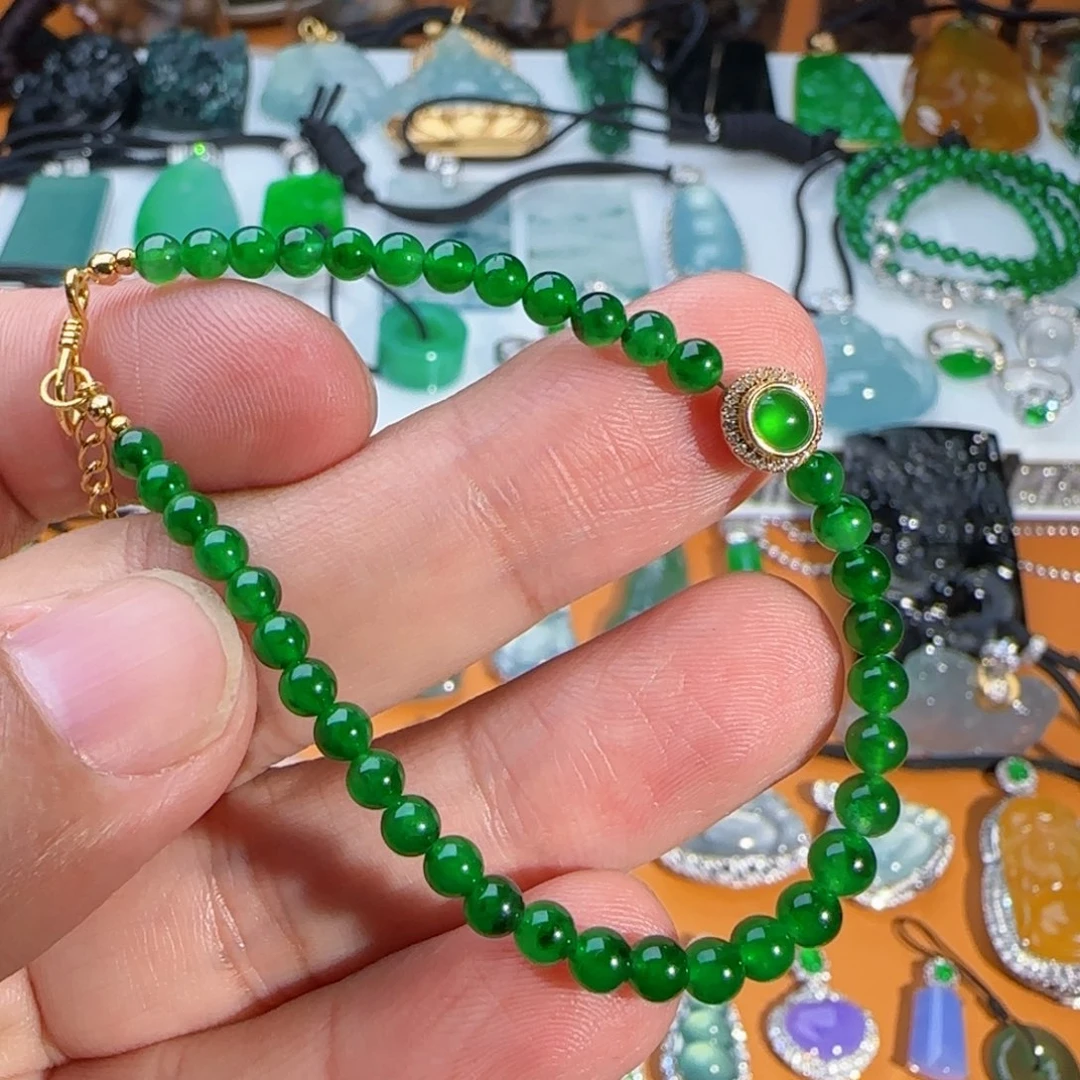 翡翠18K金镶嵌手串冰绿手串