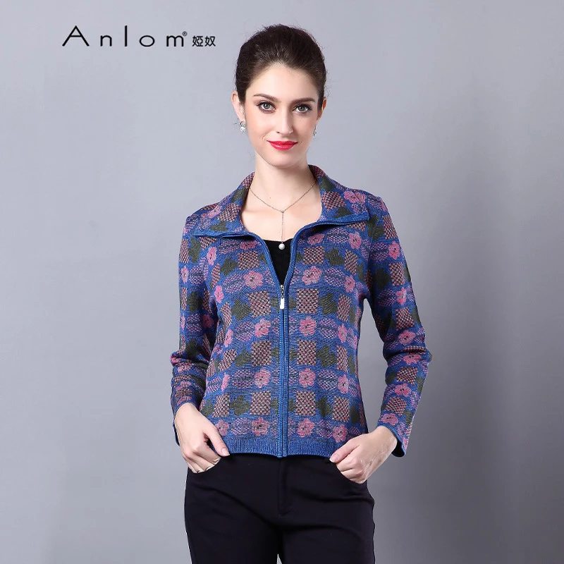 Anlom/娅奴桑蚕丝针织衫女上衣秋装新款修身方领长袖时尚外套
