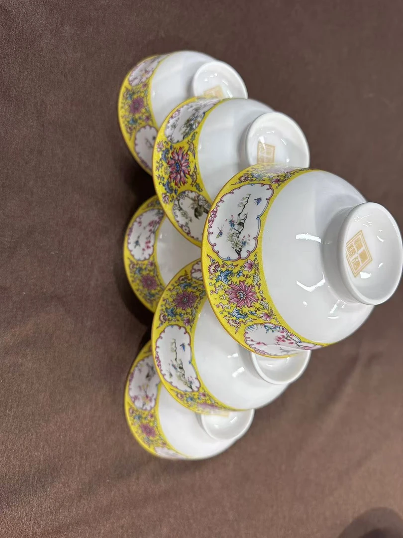 陶瓷黄色珐琅彩开窗花鸟六只碗