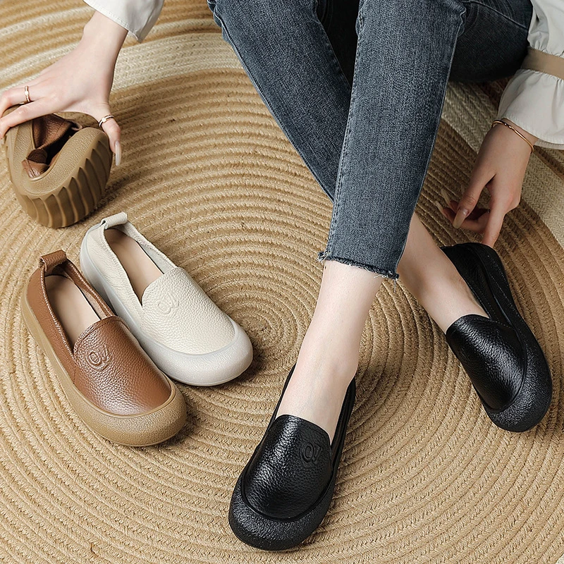 【女鞋】牛皮2025春季新款鞋子女中老年休闲舒适百搭软底厚底单鞋