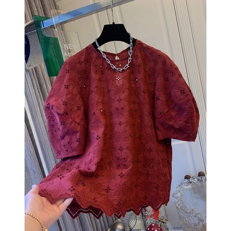 高级感法式红色泡泡袖刺绣蕾丝短袖衬衫时尚减龄娃娃衫宽松上衣女