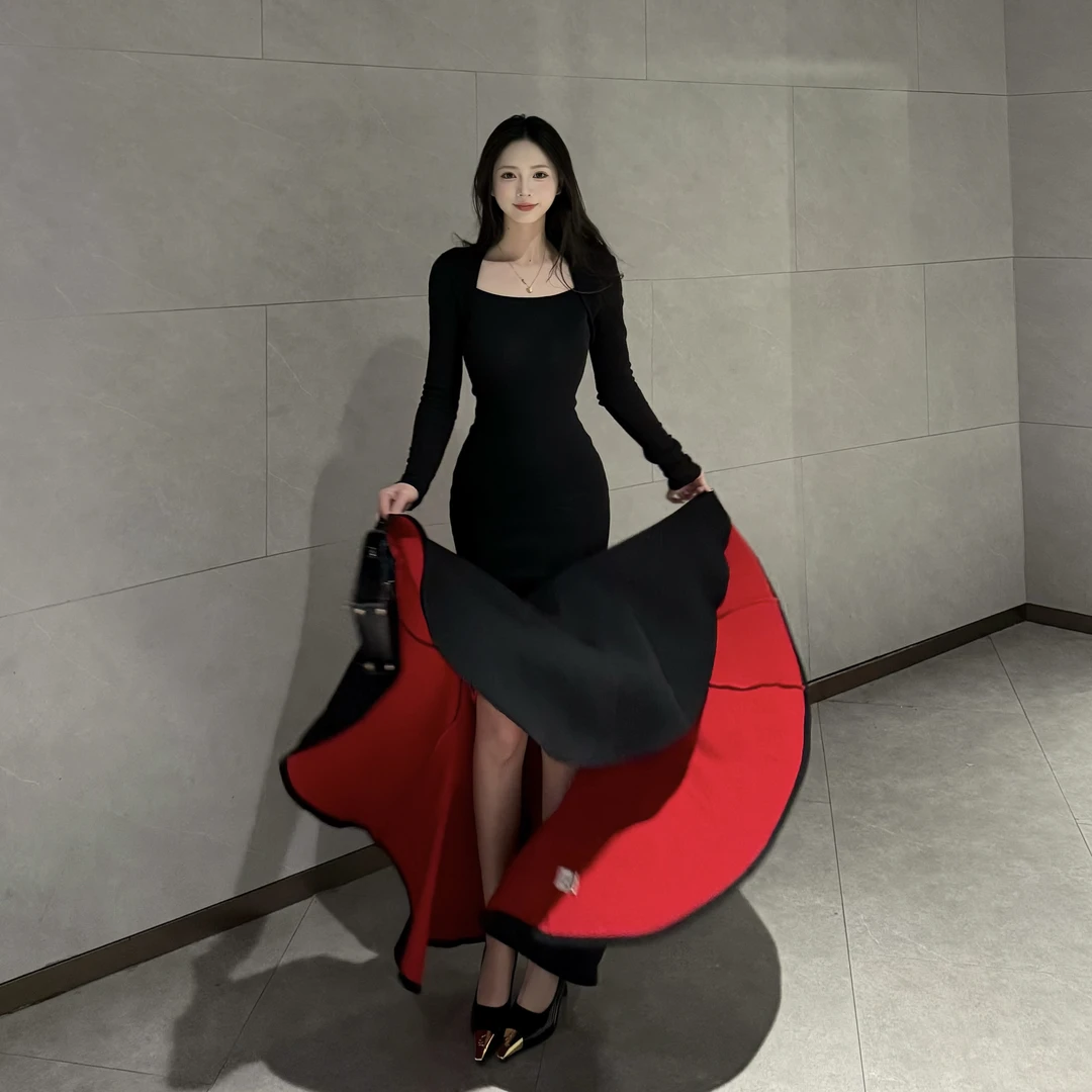 【红底步步生莲】秋方领步步生莲鱼尾新款气质礼服内搭修身长袖长裙