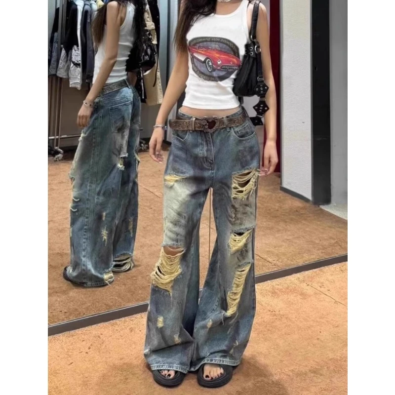 高个子加长版美式高街破洞牛仔裤子女夏季复古宽松bf慵懒风阔腿裤