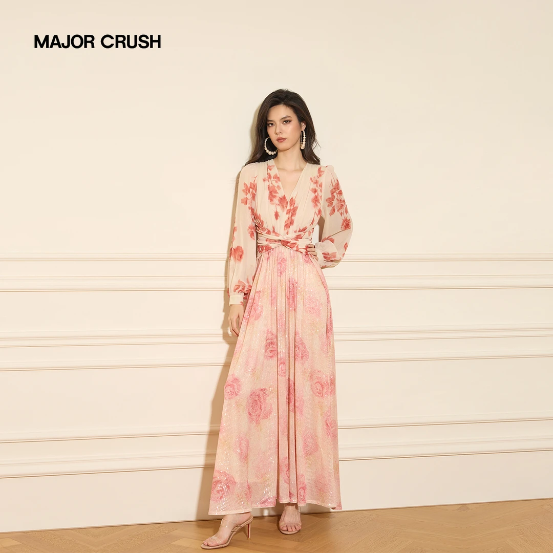 MAJOR CRUSH秋季梅落南山高腰拼接设计减龄粉色玫瑰连衣裙7188