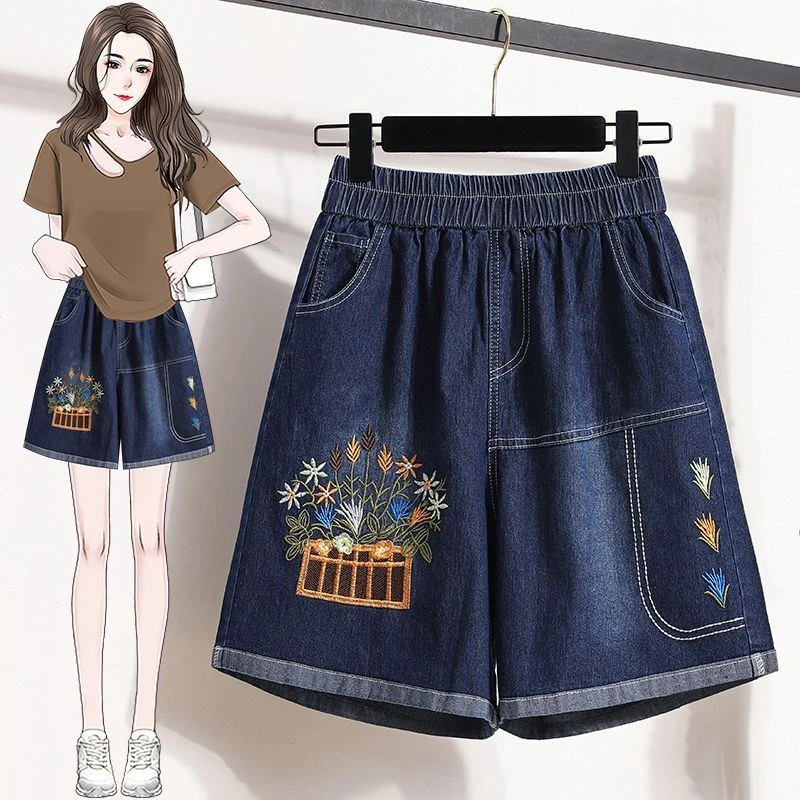 短裤女牛仔夏季薄款洗水五分裤宽松紧高腰休闲中裤刺绣五分阔腿裤