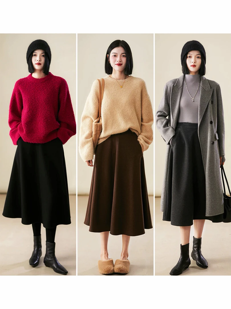 高端毛呢半身裙女小个子2025秋冬新款通勤气质百搭黑灰色裙子显瘦