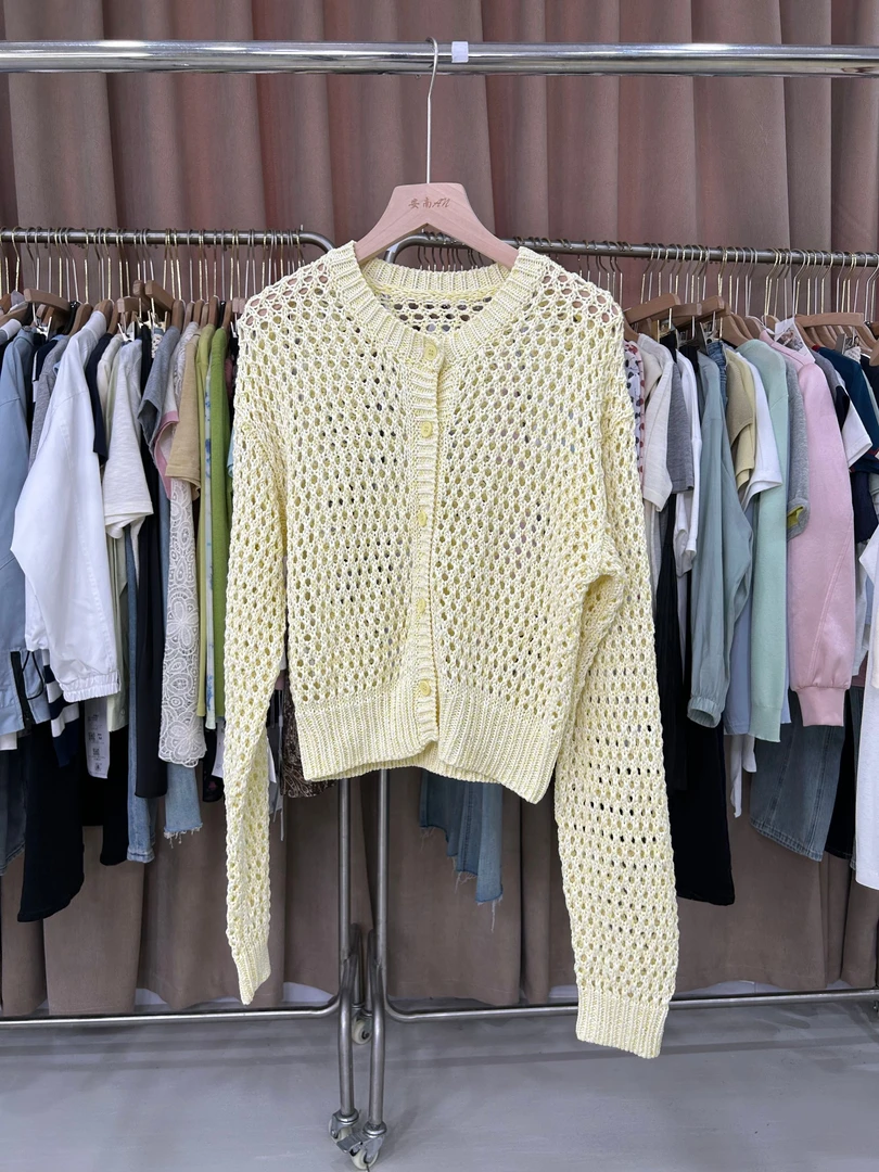 Q1808法式编织镂空圆领长袖针织开衫秋季设计感洋气减龄宽松百搭