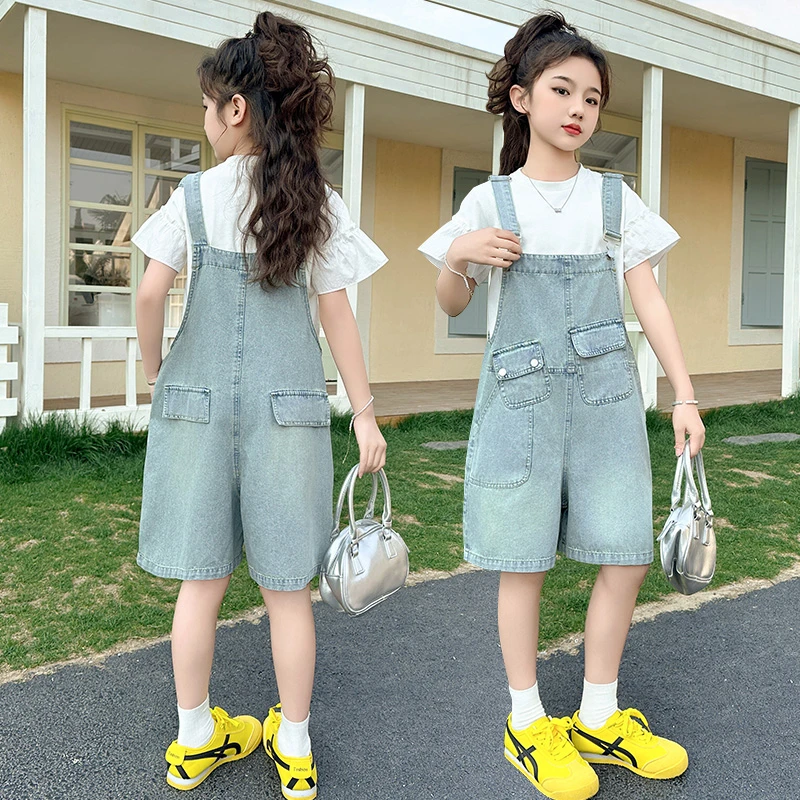 女童夏季薄款荷叶边短袖T恤套装中大童女孩牛仔背带短裤潮t两件套