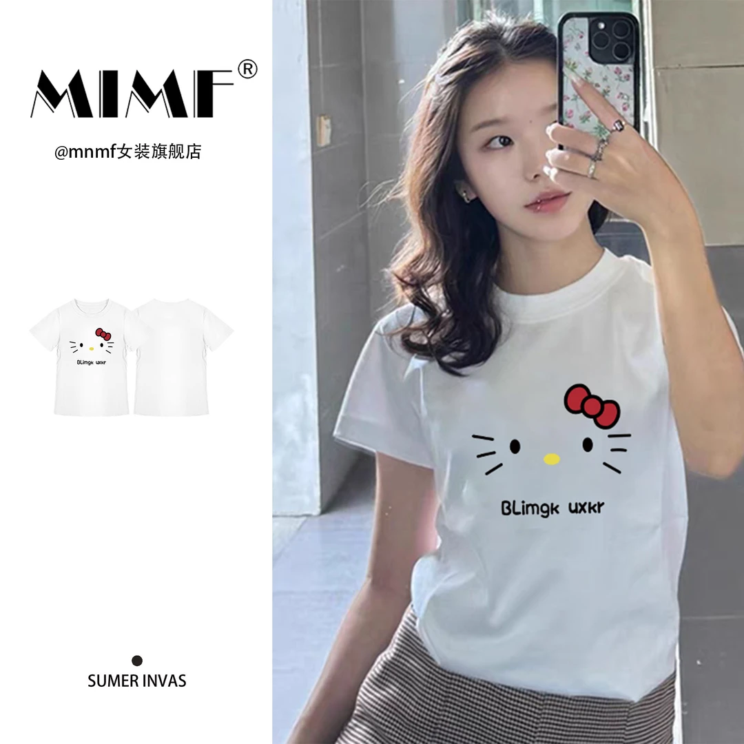 mnmf夏季新款日系可爱Hellokitty猫印花正肩圆领修身短袖宽松t恤