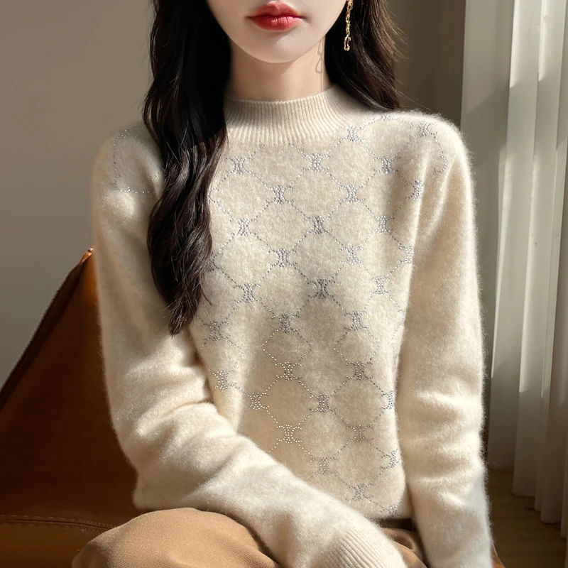 太有气质了！100%纯羊毛衫半高领烫钻双C菱形时尚宽松洋气新款针织