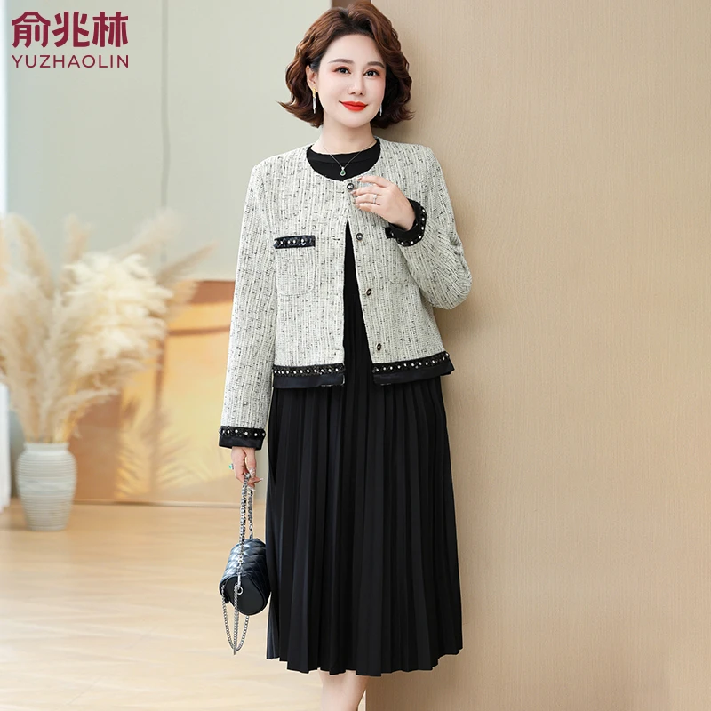 俞兆林50岁妈妈秋装连衣裙套装洋气中老年女装春秋小香风外套裙子