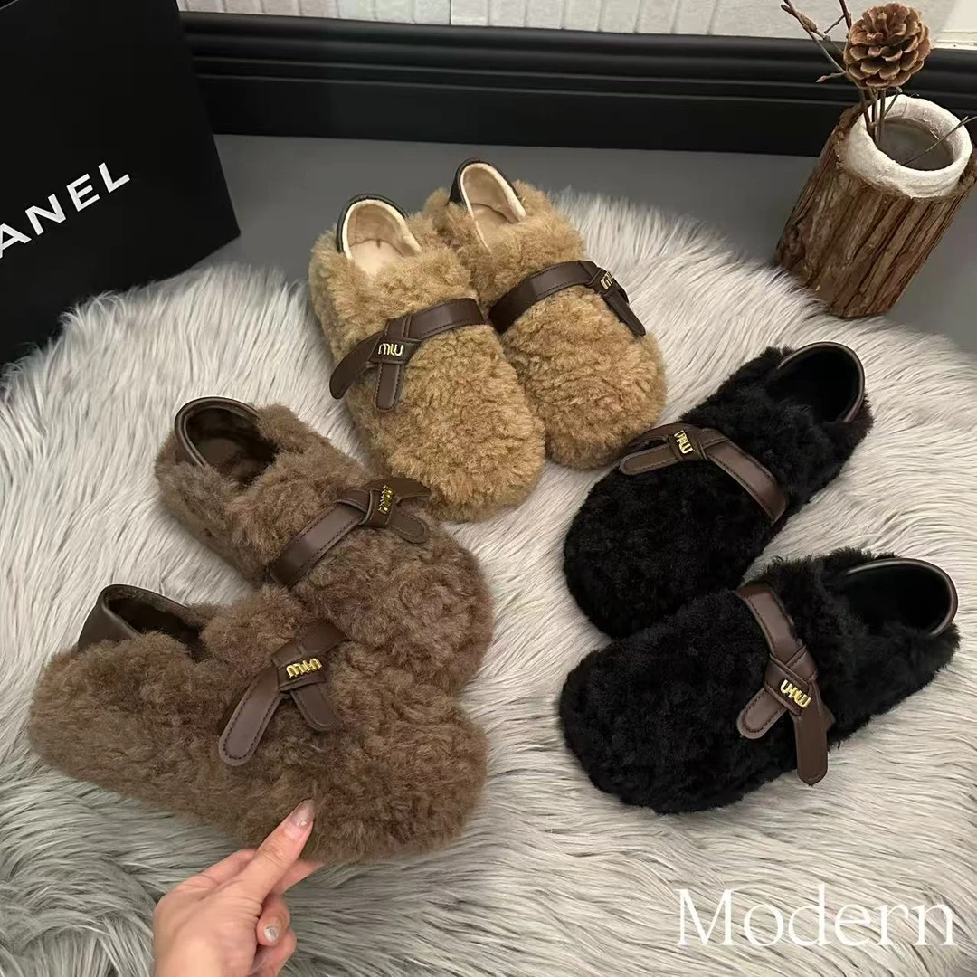 厚底两穿金属字母皮带扣毛毛鞋女外穿2025秋冬新一脚蹬加绒棉鞋