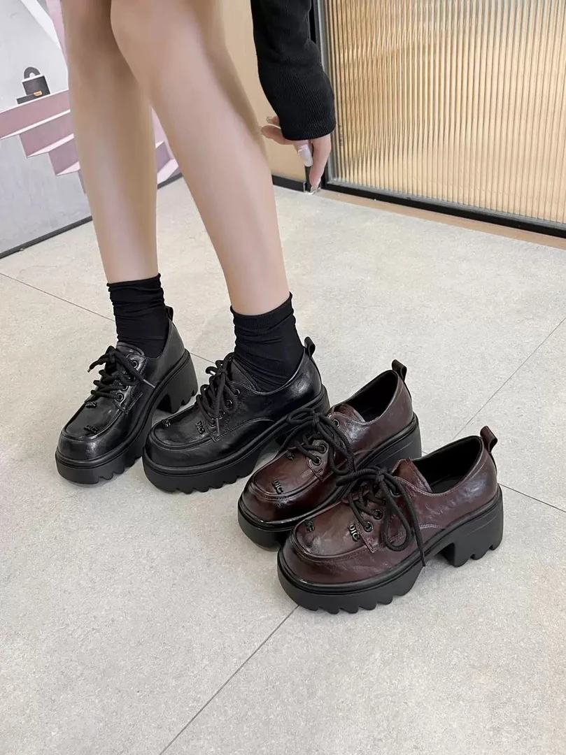 增高7cm厚底乐福鞋女春季新款英伦风复古百搭黑色系带小皮鞋135
