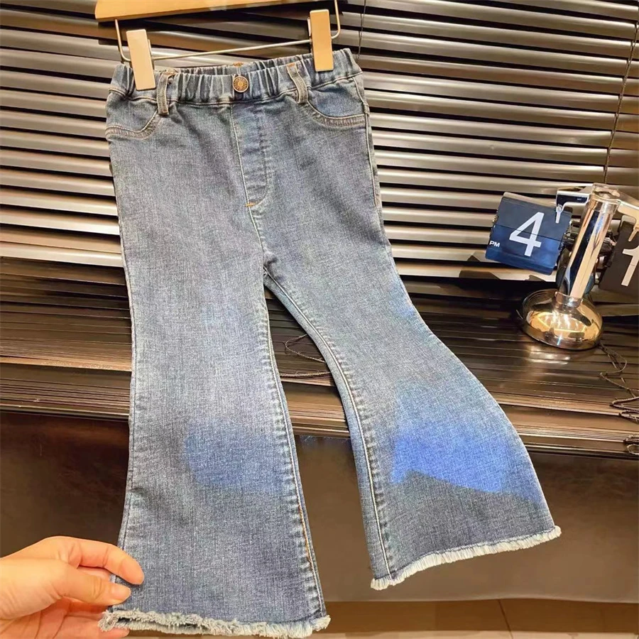 HHkids韩版女童牛仔裤2024春季新款弹力毛边喇叭休闲裤子DKZ147