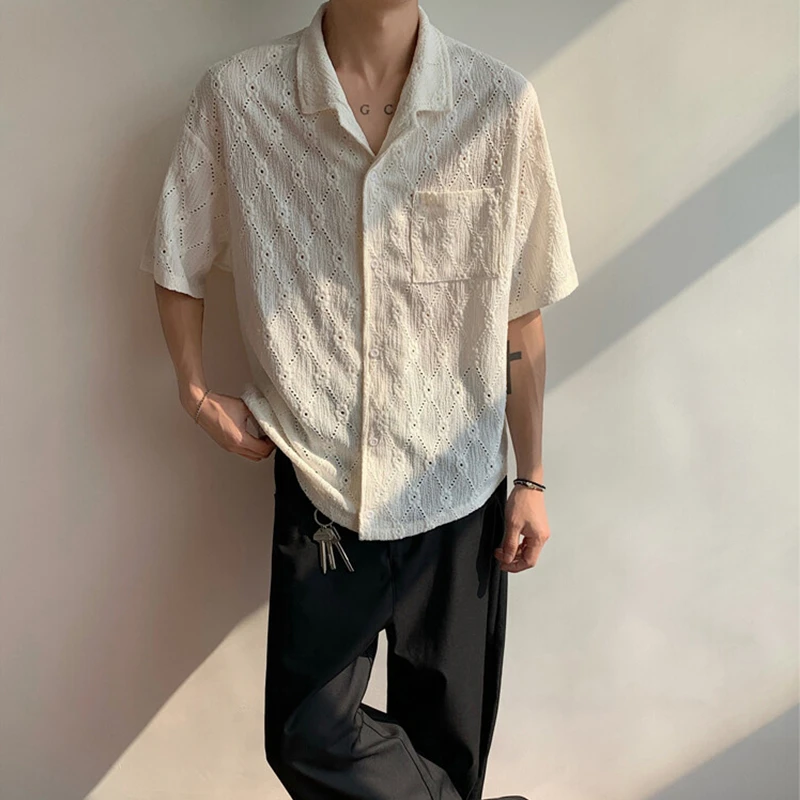 cleanfit古巴领镂空短袖衬衫男款夏季慵懒风美式潮牌痞帅衬衣外套