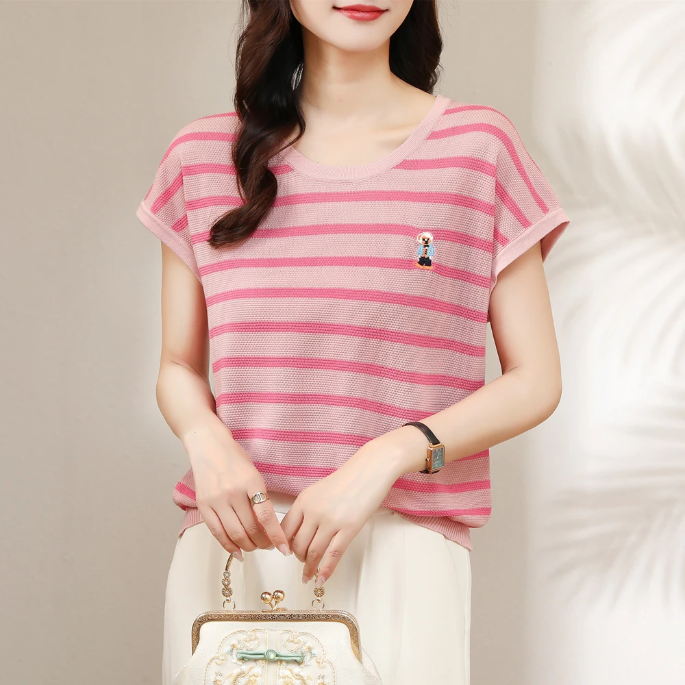 小熊刺绣条纹短袖女夏季薄款洋气宽松休闲飞飞袖T恤女针织衫上衣