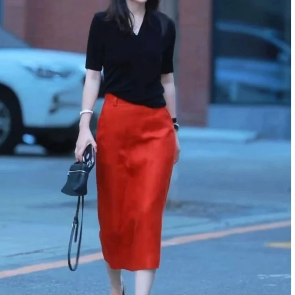 新款简约时尚潮流百搭精品女装半身裙红色Y