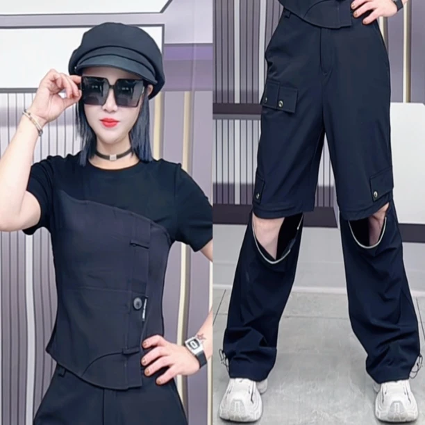 阿珍服饰店 新款时尚百搭速干面料两用穿工装裤 T恤可分开#00145