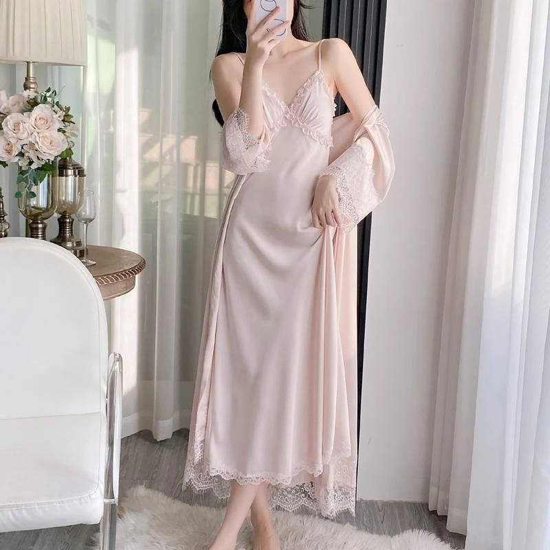 新款长裙女时尚吊带性感露背睡衣冰丝绸睡袍长款睡裙家居服带胸垫