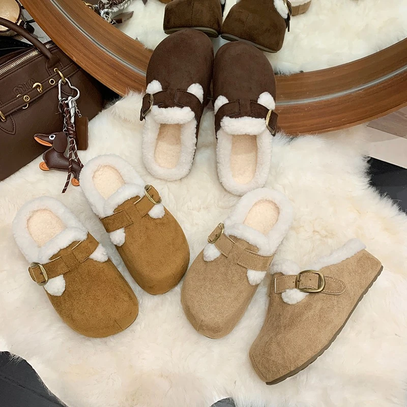 2025秋冬新款勃肯鞋加绒毛毛拖女外穿一脚蹬懒人内增高包头棉拖女