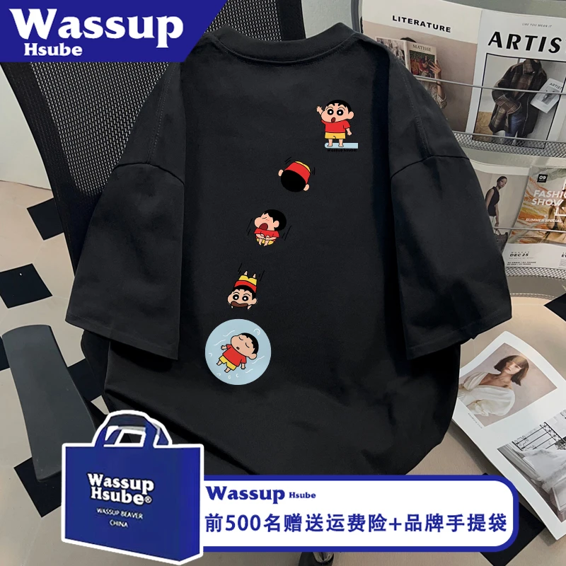 WASSUP HSUBE夏季潮流卡通印花T恤ins黑色纯棉短袖男女慵懒感上衣